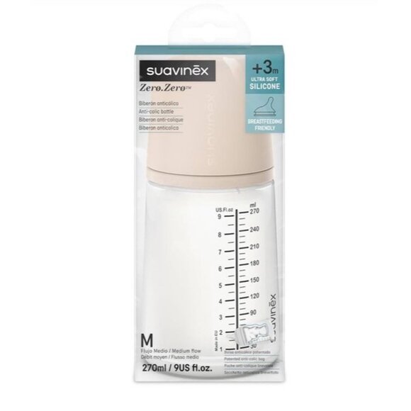 Suavinex Zero Zero Baby Bottle 270ml Anti Colic Medium Flow Silicone +3m New - Picture 1 of 6